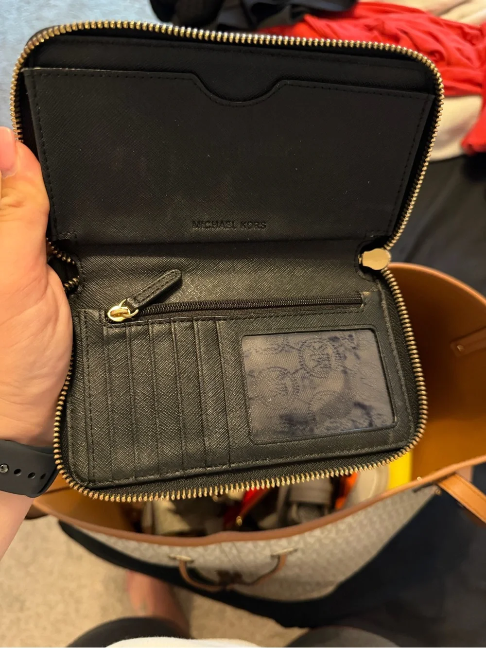 Michael Kors Black Saffiano Leather Zip Wallet with Gold Logo